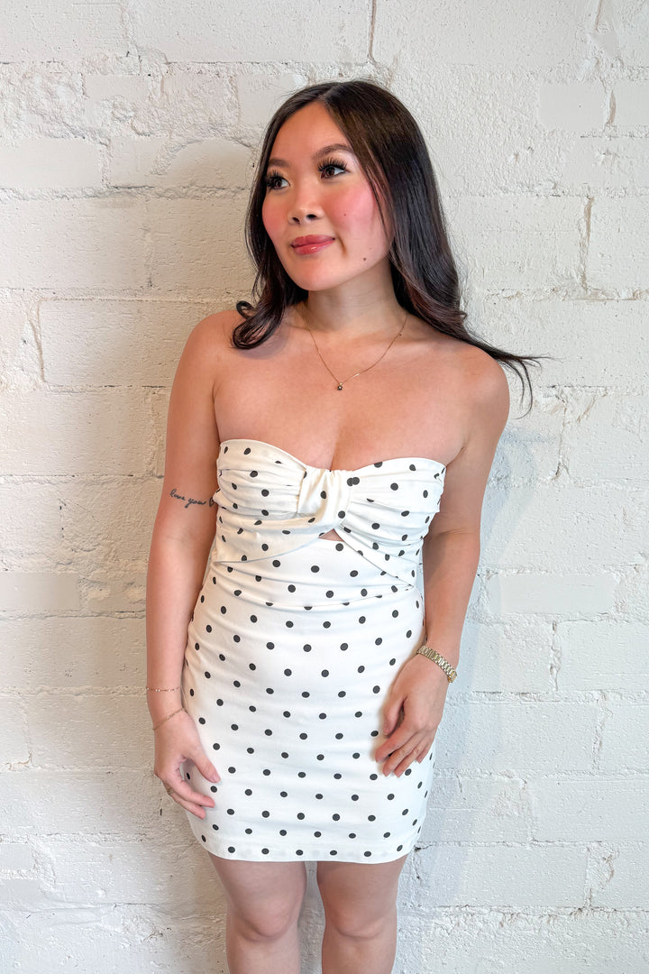 Kennedy Dress, Polka Dot Dress, White Strapless Mini Dress, Spring and Summer Dresses, Spring and Summer Styles, Adeline Boutique, Dallas Boutique, Sorority Rush Dress