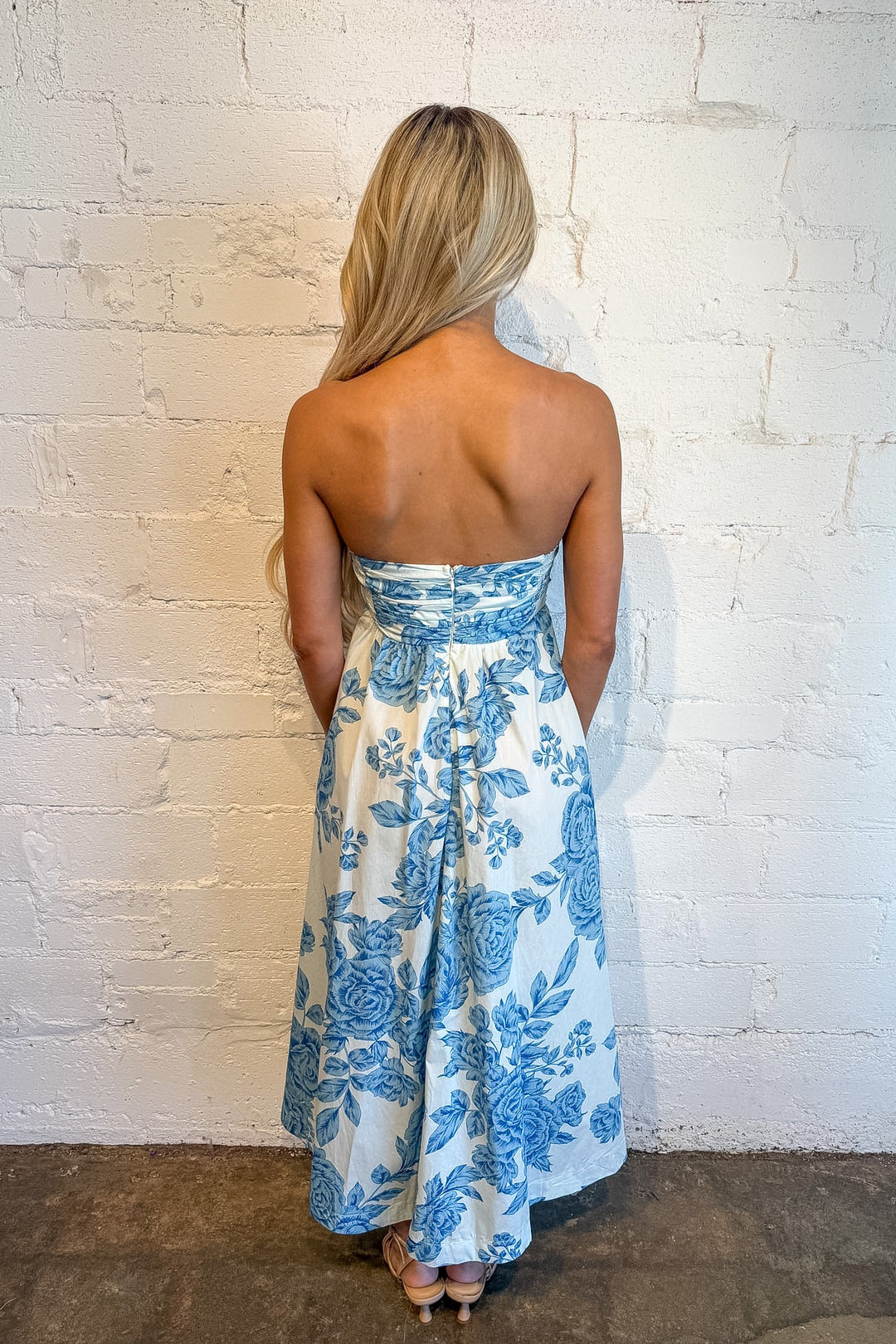 Kyra Blue Blossom Strapless Dress, Maxi Dress, Maxi Floral Dress, Spring and Summer Dresses, Adeline Boutique, Dallas Boutique, Wedding Guest Dress, Strapless Dress