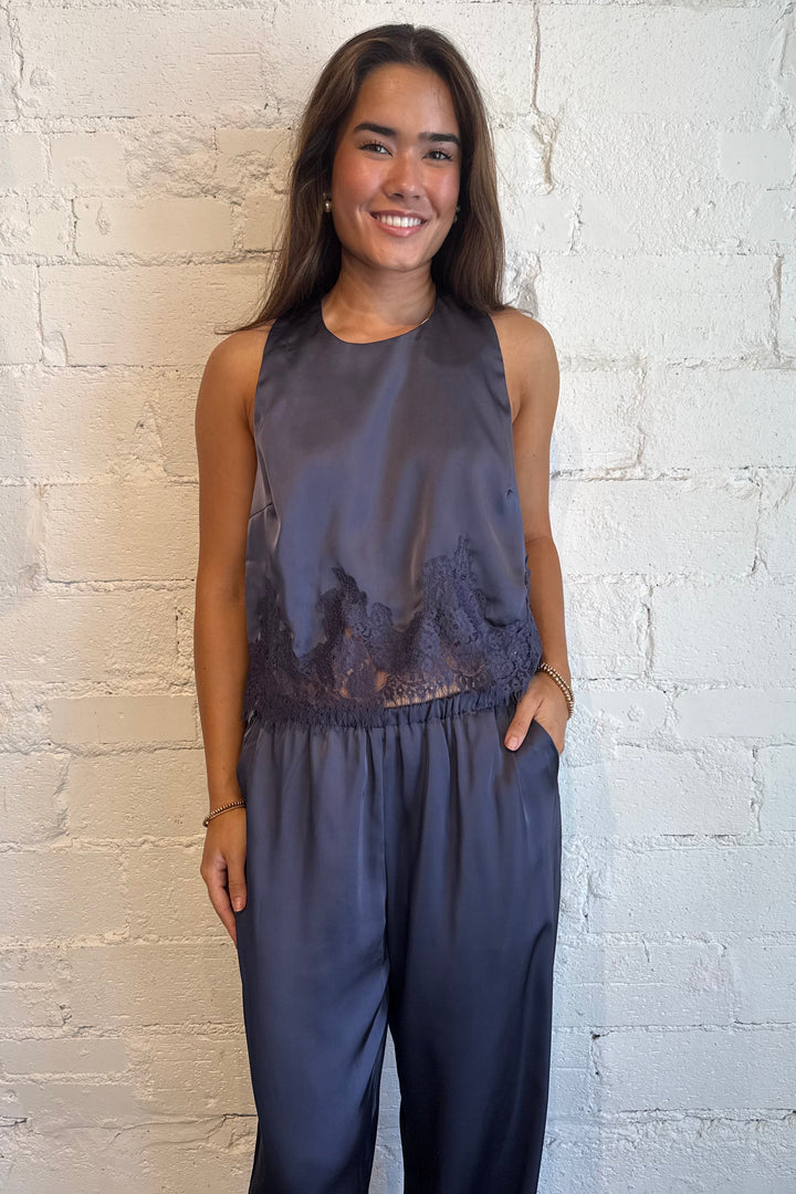 navy lace trim halter top, lace trim top, navy halter top 