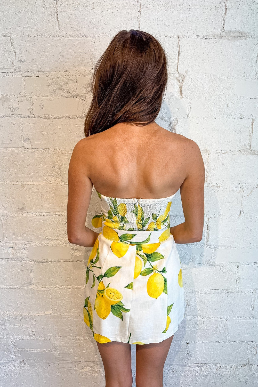 Lemon Belted Dress, Lemon Dress, Mini Strapless Dress, Spring and Summer Dresses, White Dress, Adeline Boutique, Dallas Boutique
