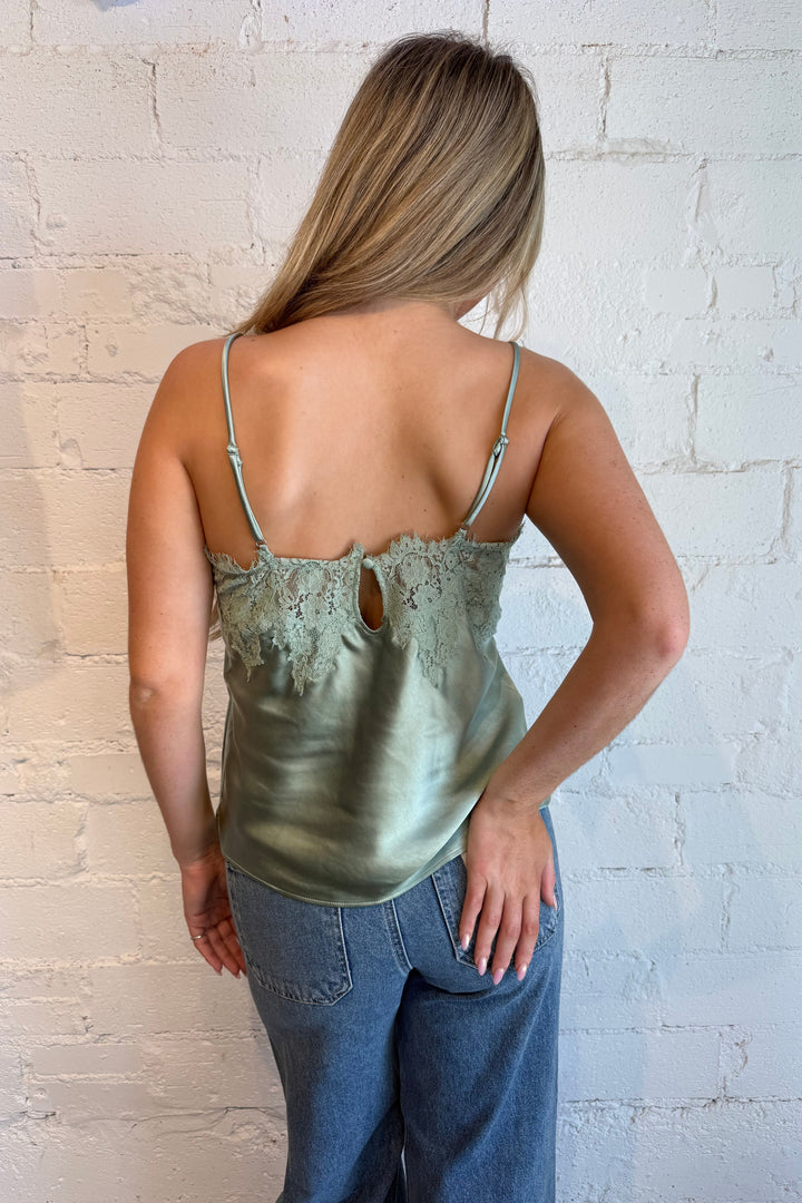 Satin top, green satin top, sage satin top, lace top 