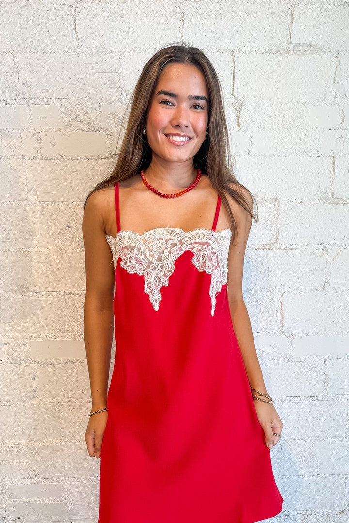 red mini dress with white lace detailing, game day dress, mini dress, day dress