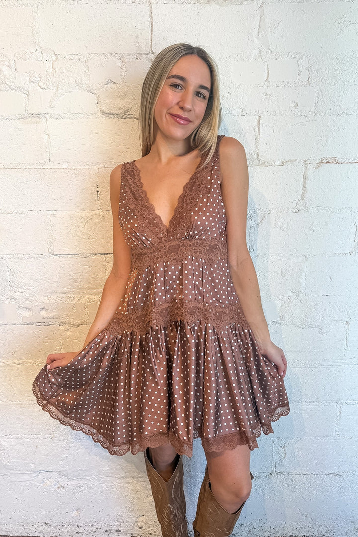 Brown mini dress, polka dot mini dress, brown dress, dress