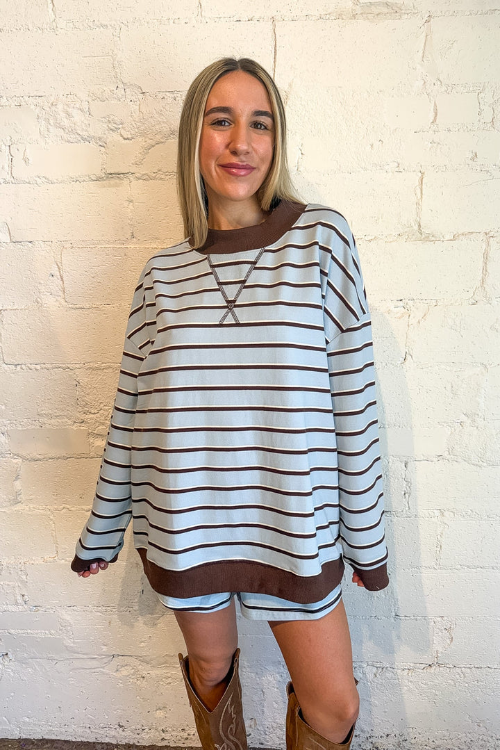 Comfy sweater, blue and brown striped sweater, matching set, Malibu morning mock neck in blue and brown