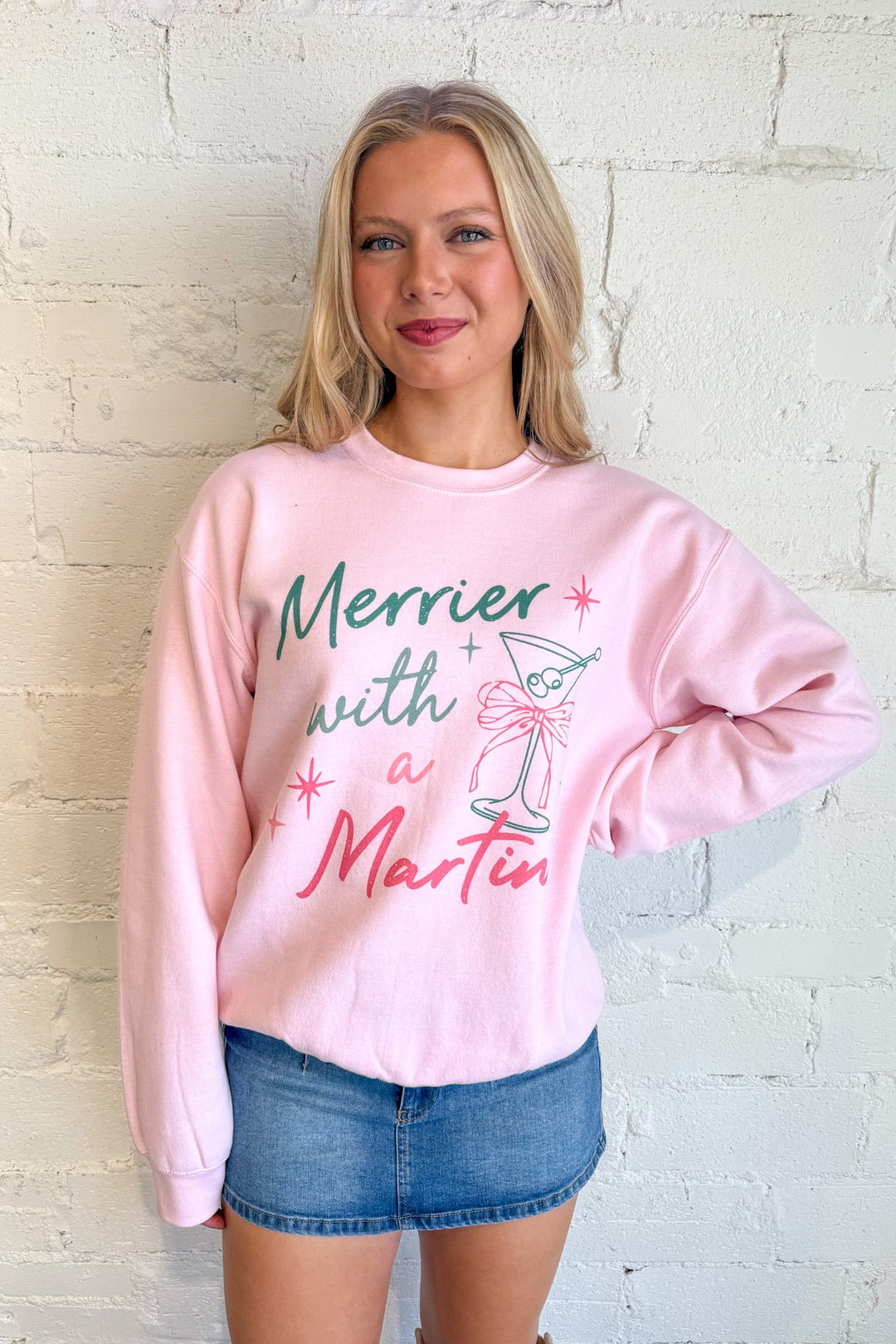 Merrier With A Martini Festive Graphic Sweatshirt, Christmas Sweater, Holiday Sweater, Sweatshirts, Sweaters, Adeline Boutique, Dallas Boutique