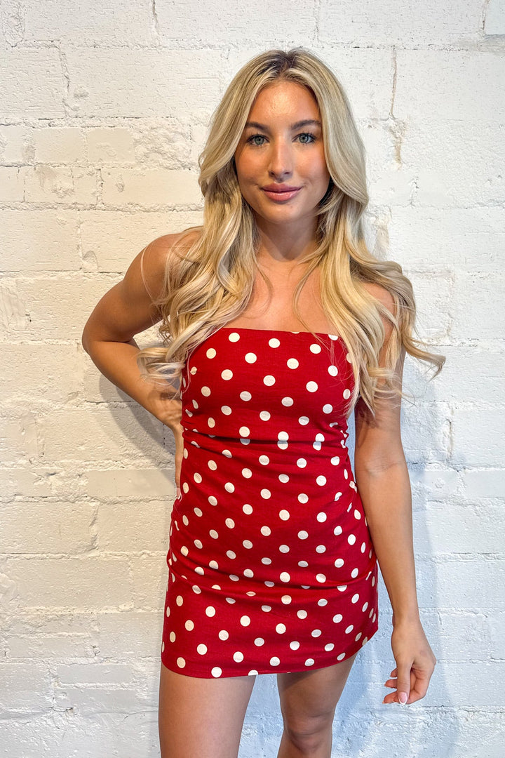 Miss Americana Dress, Polka Dot Dress, Dresses, Women's Dresses, 4th of July Styles, Adeline Boutique, Dallas Boutique, Polka Dot, Mini Strapless Dress