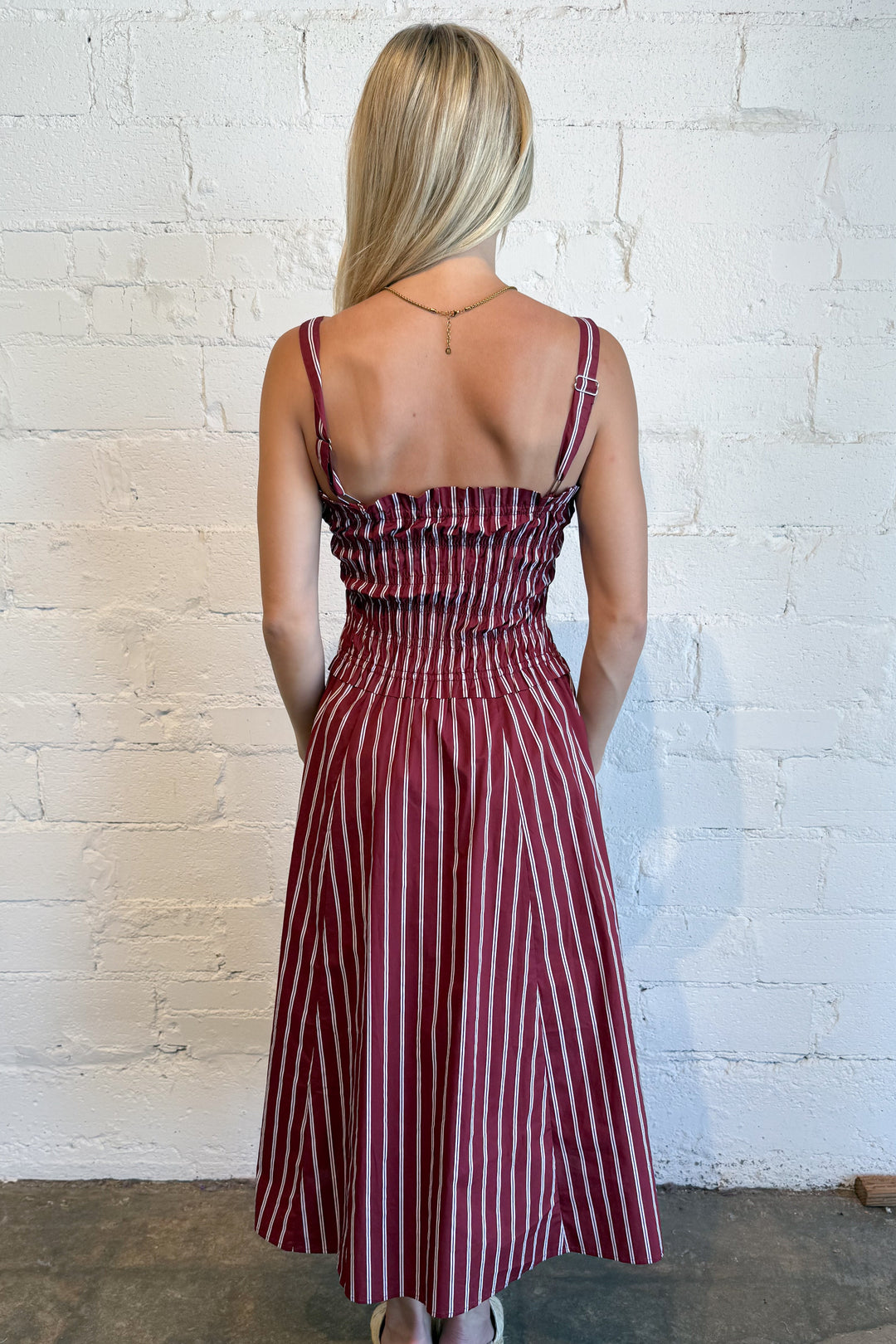 Nova Striped Midi Dress Maroon Back, adeline boutique, dallas boutique, boutique