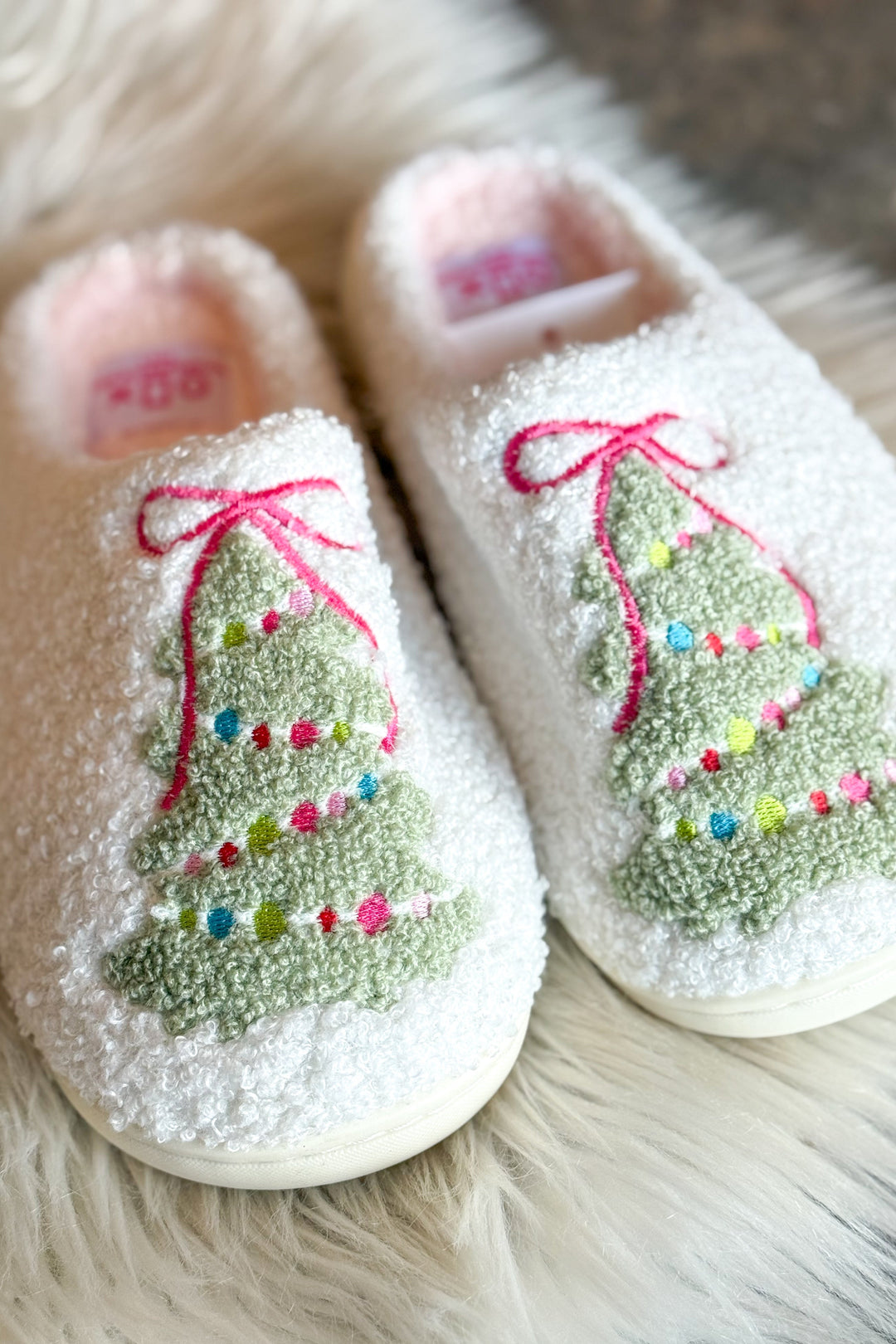 Pink Bow Christmas Tree Slippers, Slippers, Shoes, Christmas Slippers, Gift Ideas, Holiday Slippers, Adeline Boutique, Dallas Boutique