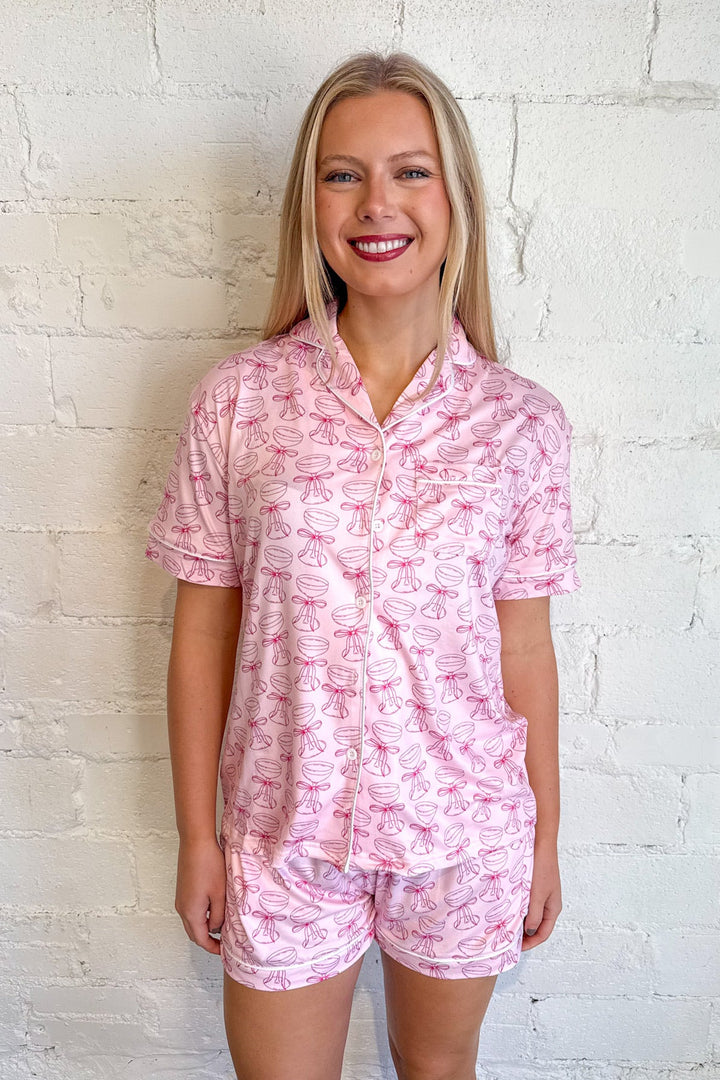 Pink Champagne Pajama Shorts, Champagne Pajamas, Pajamas, Holiday Pajamas, Bottoms, Loungewear, Lounge Set, Adeline Boutique, Dallas Boutique