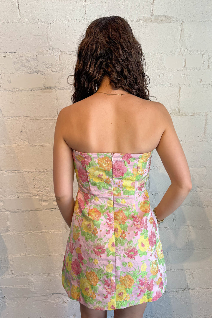 Pink Floral Jacquard Strapless Mini Dress, dress, dresses, dallas boutique, adeline boutique, boutique