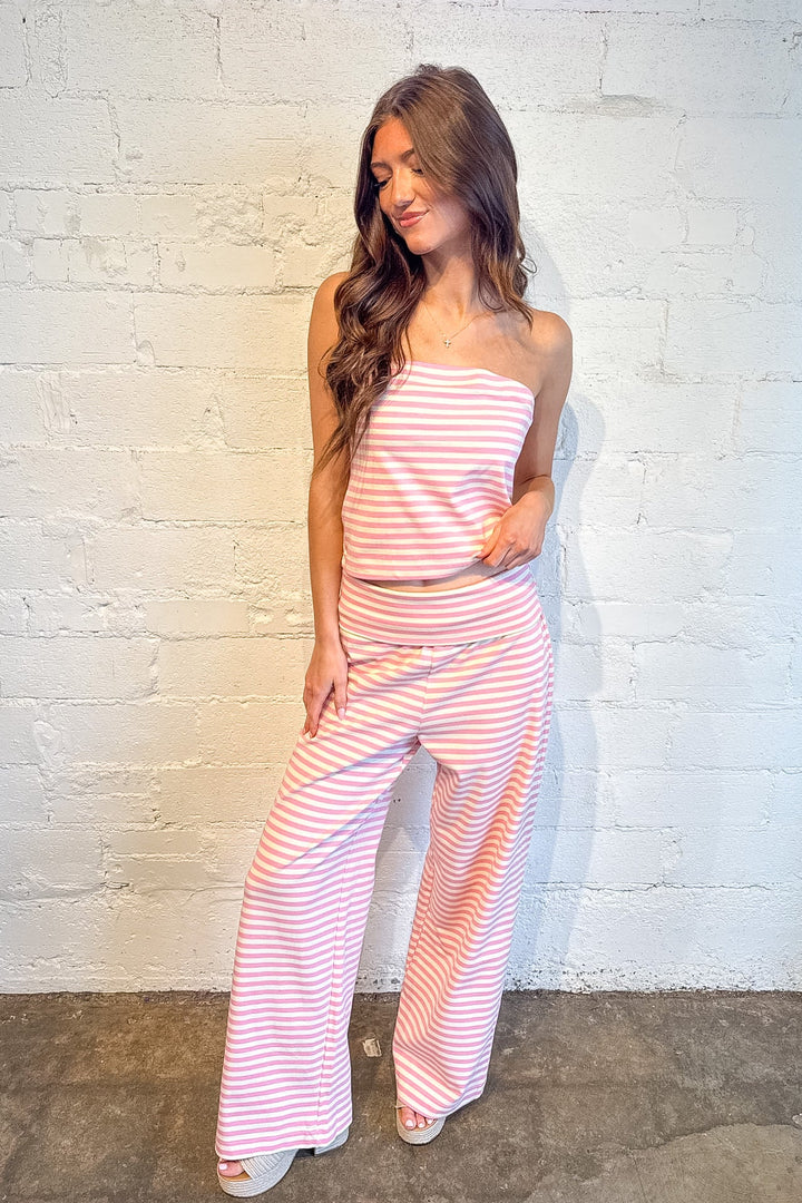 Striped Fold Over Wide Leg Pants, Two Piece Set, Sets, Matching Sets, Spring Styles, Loungewear, Wide Leg Pants, Striped Set, Adeline Boutique, Dallas Boutique, Women's Boutique, Pants