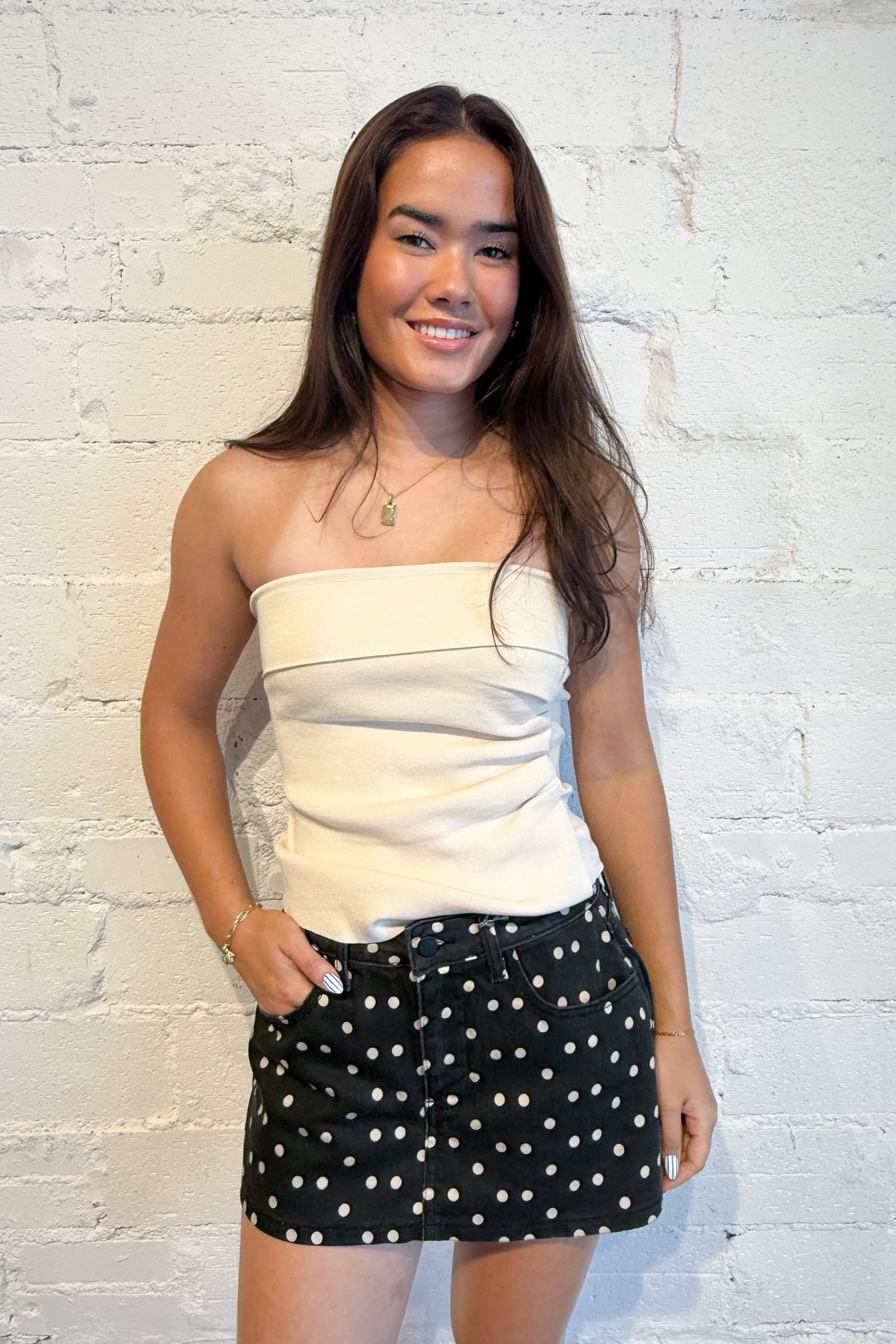 Polka Dot Denim Skort, adeline boutique, dallas boutique, boutique