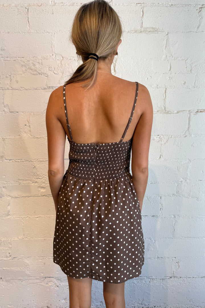 Polka dot dress, brown dress, brown polka dot mini dress, game day dress, brown polka dot dress 