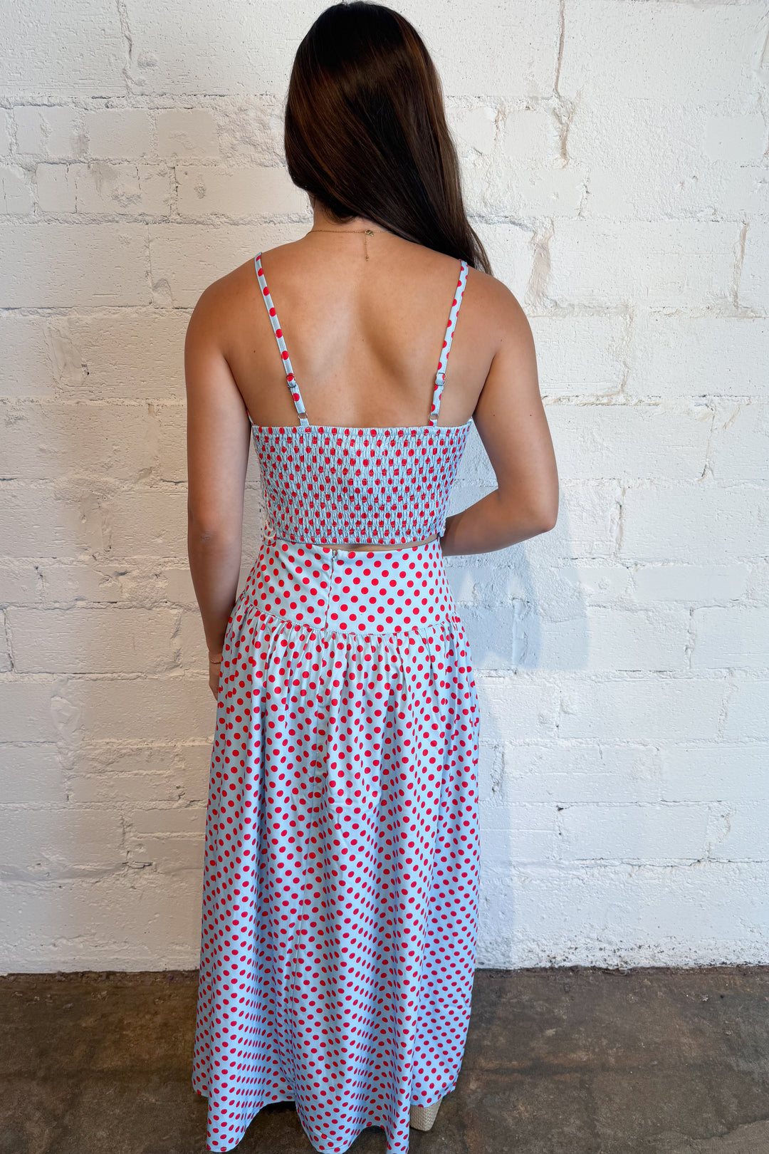 Polka Dot Rally Maxi Skirt Light Blue Back, adeline boutique, dallas boutique, boutique