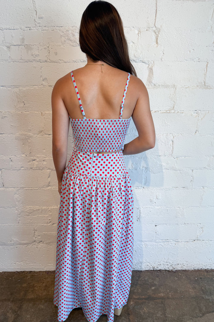 Polka Dot Rally Maxi Skirt Light Blue Back, adeline boutique, dallas boutique, boutique