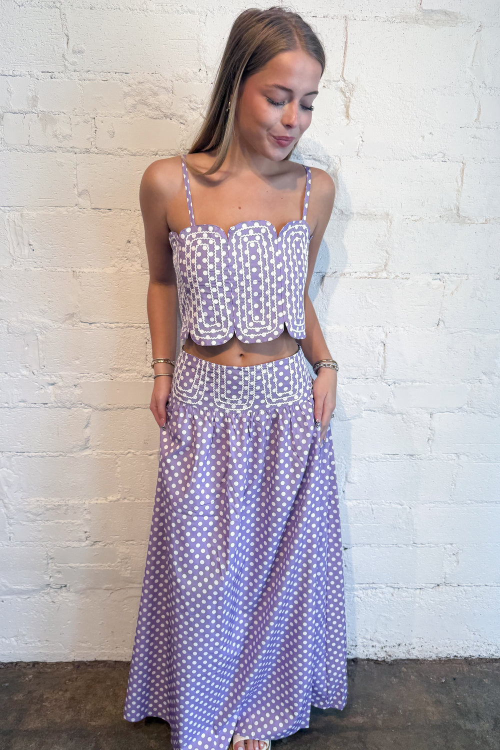 Polka Dot Rally Maxi Skirt Purple, adeline boutique, dallas boutique, boutique