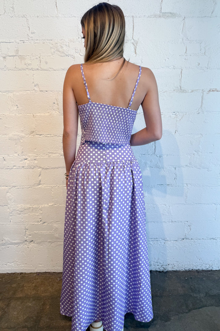 Polka Dot Rally Maxi Skirt Purple Back, adeline boutique, dallas boutique, boutique