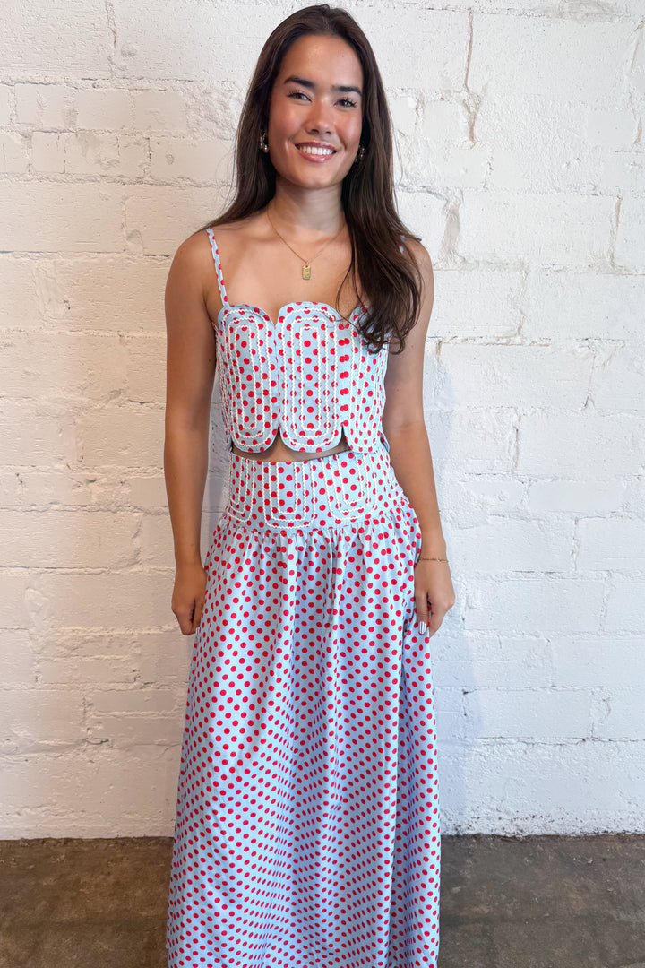 Polka Dot Rally Top Light Blue, adeline boutique, dallas boutique, boutique