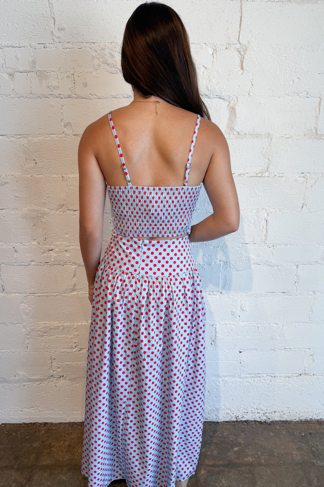 Polka Dot Rally Top Light Blue Back, adeline boutique, dallas boutique, boutique