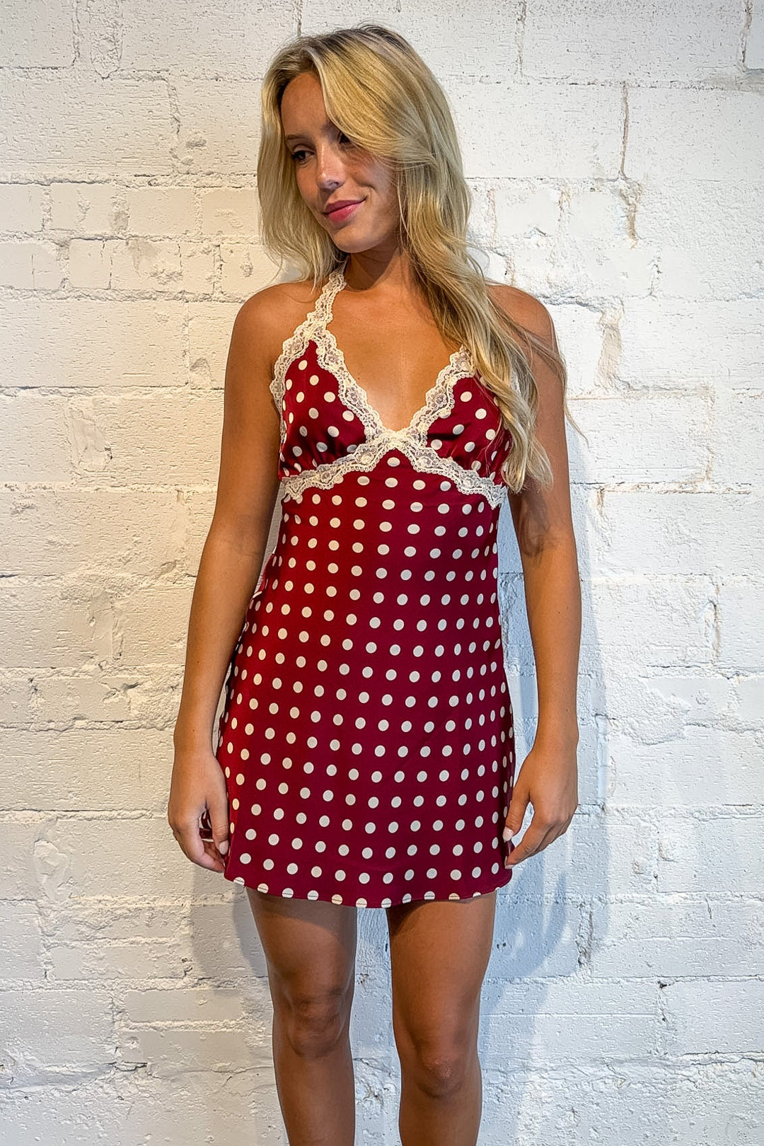 red polka dot dress, polka dot dress with lace, gameday polka dot dress, gameday outfit 