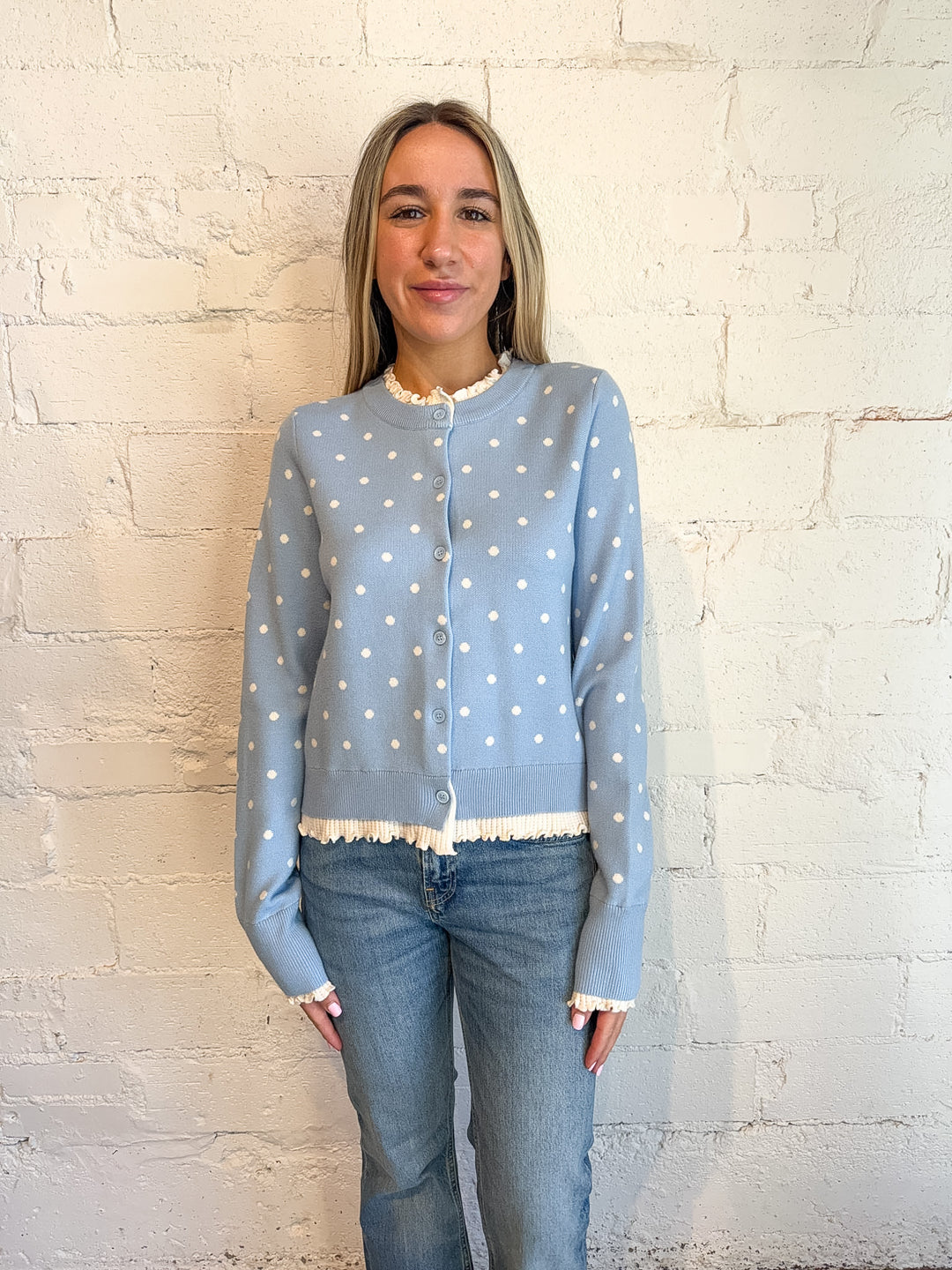 Polkadot Button Down Cardigan , Blue and white Polka Dot Cardigan, Fall Sweater