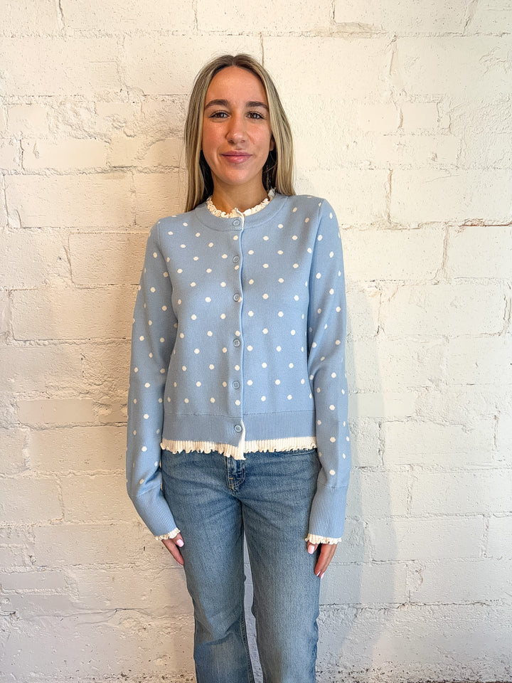 Polkadot Button Down Cardigan , Blue and white Polka Dot Cardigan, Fall Sweater