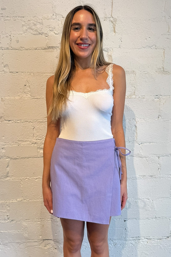 lavender denim skort, purple denim skort, purple gameday skort, purple denim skort gameday 