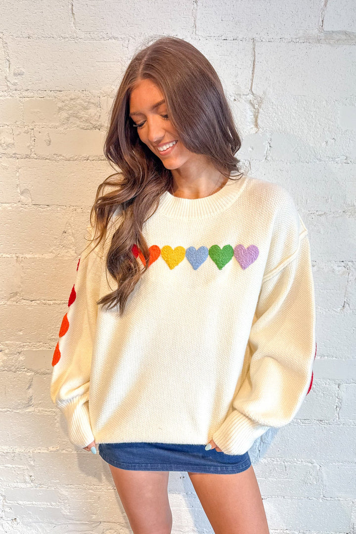 Rainbow Heart Shaped Patch Sweater, Sweaters, Oversized Sweater, Valentines Styles, Valentines Styles, Adeline Boutique, Dallas Boutique, Long Sleeve Tops, Tops
