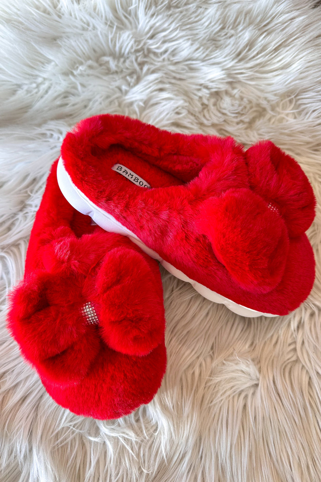 Red Bling On The Holidays Fur Slippers, Fur Slippers, Slippers, Adeline Boutique 
