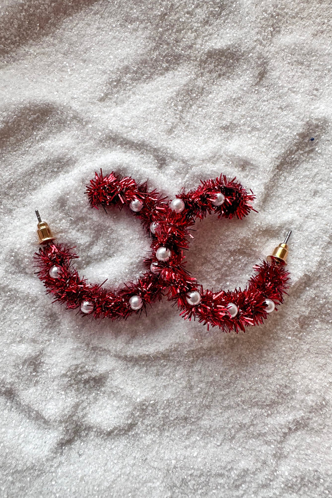 Red Tinsel Hoops Earrings, Holiday Earrings, Adeline Boutique, Boutique Jewelry 