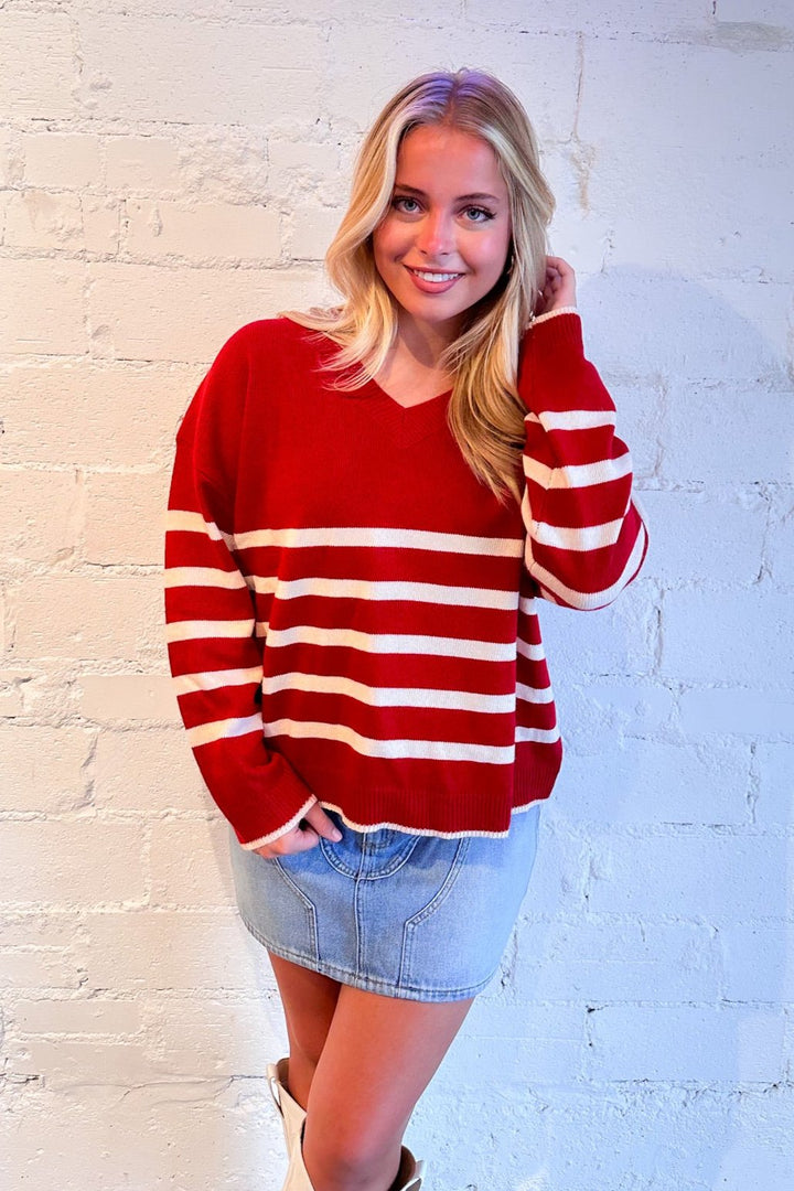 Red and White Stripe Sweater, womens stripe sweater, dallas boutique, womens red stripe sweater, womens v neck red stripe sweater