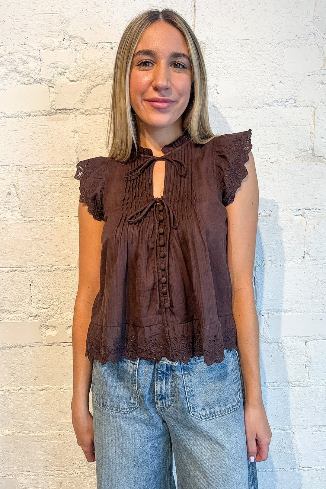 brown top, brown knit top with lace detailing, rosalie tie top