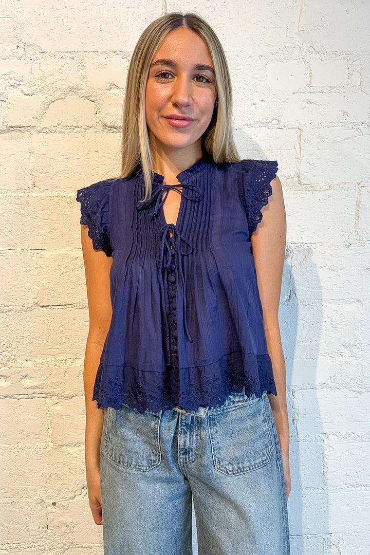 navy top, navy knit top with lace detailing, rosalie tie top