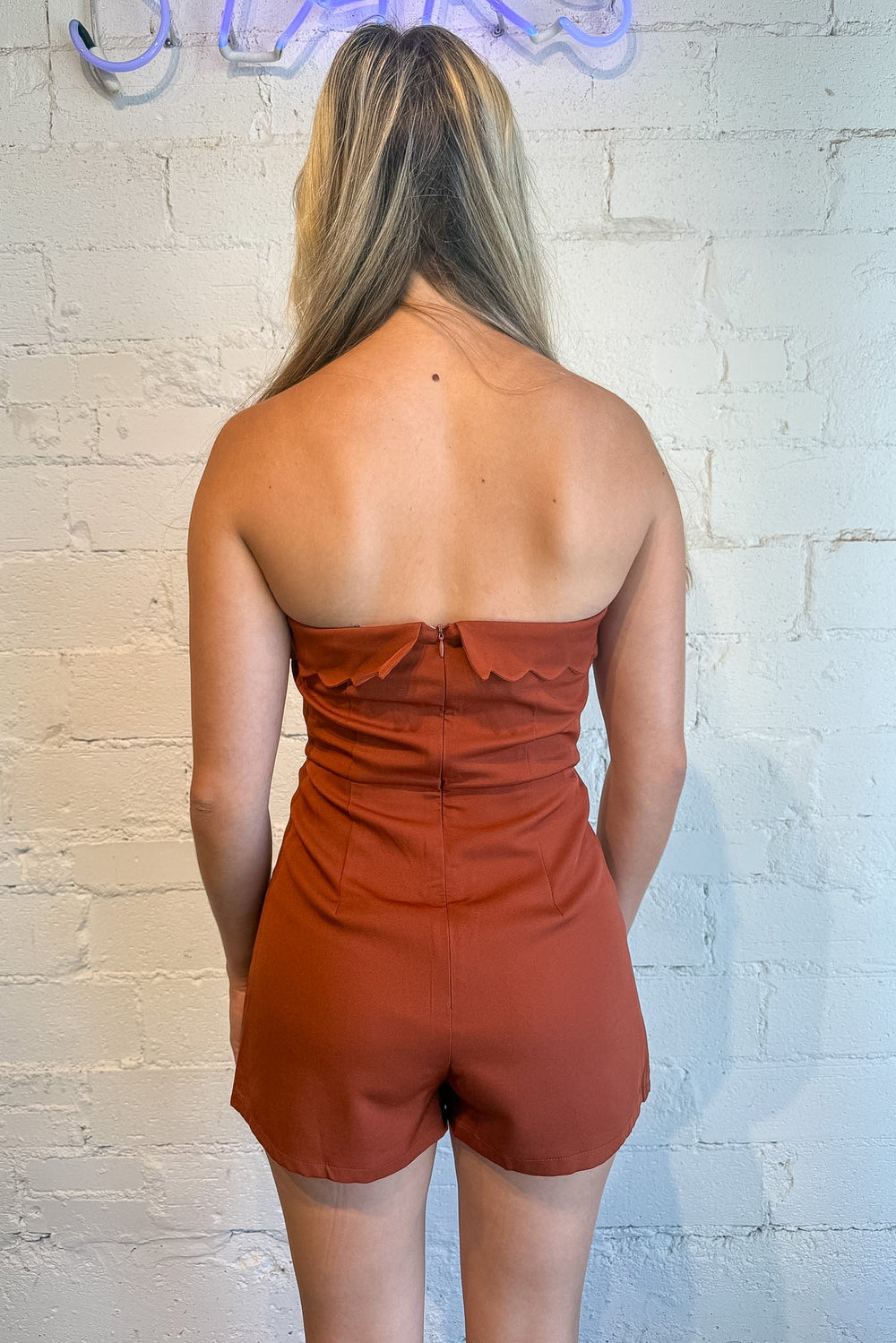burnt orange strapless romper