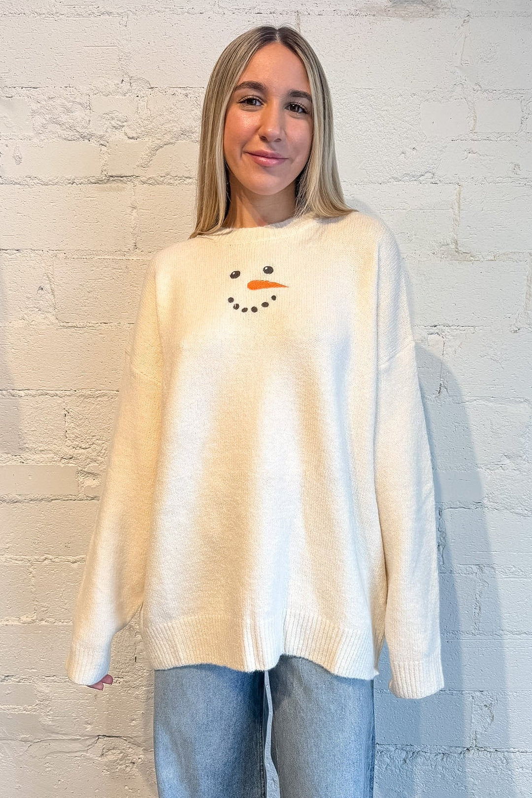 Snowman Embroidered Sweater, Winter Sweater, White Sweater