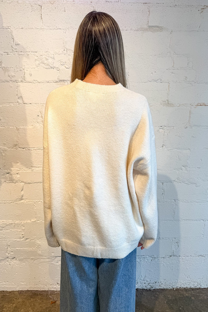 Snowman Embroidered Sweater, Winter Sweater, White Sweater