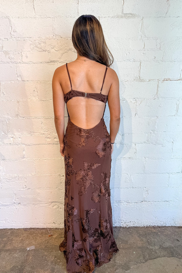 Brown Maxi Dress, Maxi Dress, Brown maxi with flower detailing