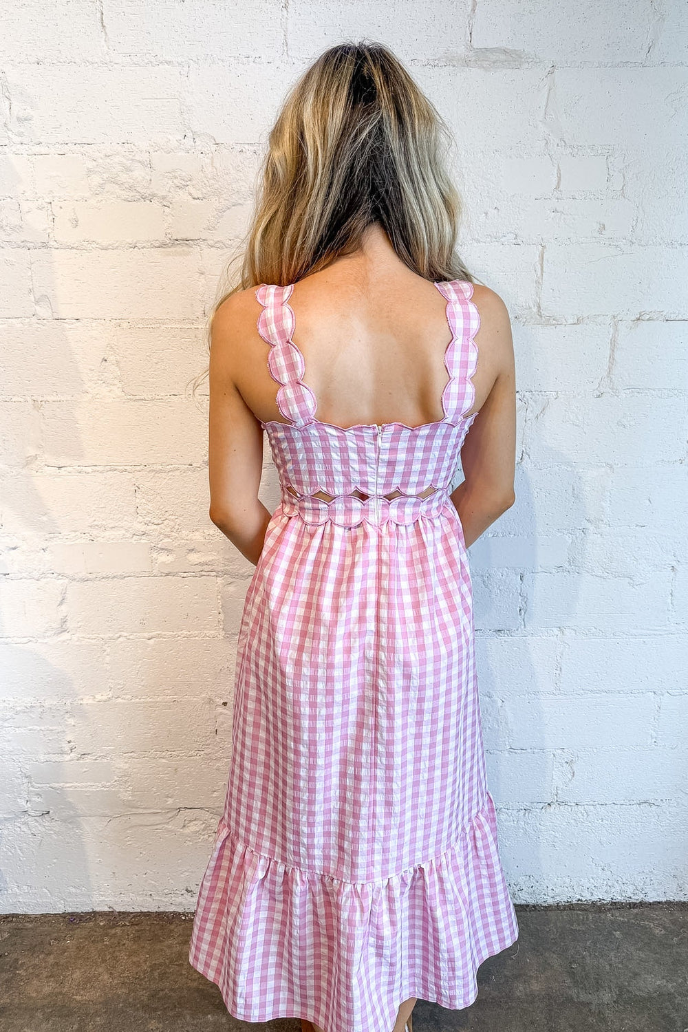 Spring Gingham Scallop Detailed Dress, Pink Gingham Dress, Maxi Dress, Spring and Summer Styles, Easter Dress, Vacation Dresses, Adeline Boutique, Dallas Boutique, Boutique Dresses