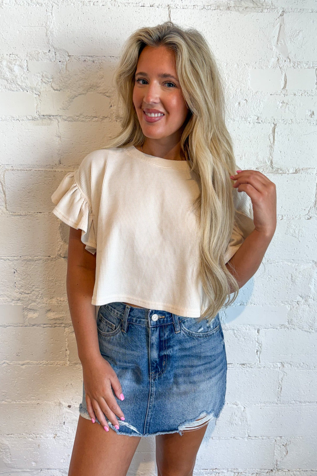 Waffle Knit Ruffle Top, Basic Top, Tops, Back to School Outfits, Summer Styles, Game Day Tops, Adeline Boutique, Dallas Boutique, Boutique Clothing 