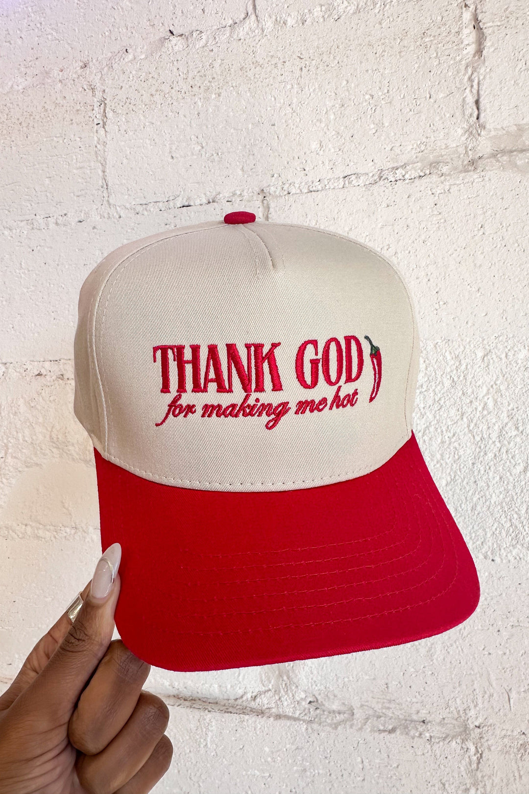 Trucker Hat, Hats, Graphic Hats, Thank God For Making Me Hot Hat, Adeline Boutique, Dallas Boutiques 