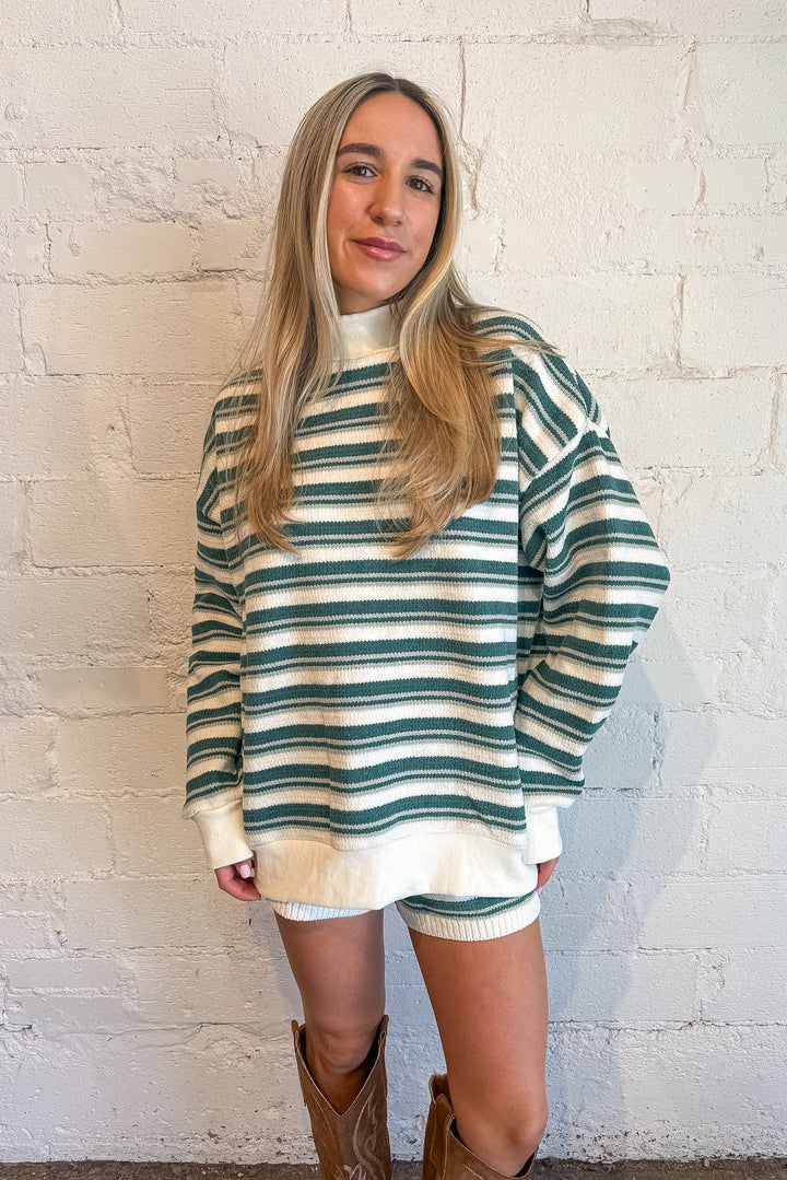 Green striped shorts, sweater shorts, cozy shorts, striped shorts 