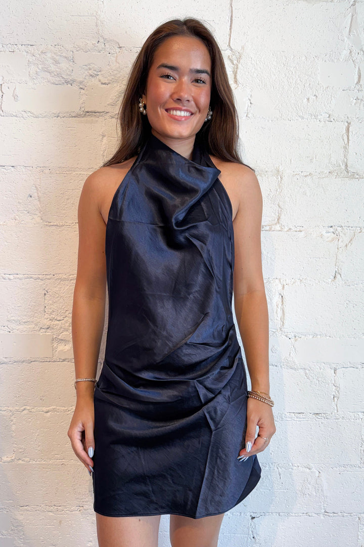 The Daydream Satin Dress Navy, adeline boutique, dallas boutique, boutique