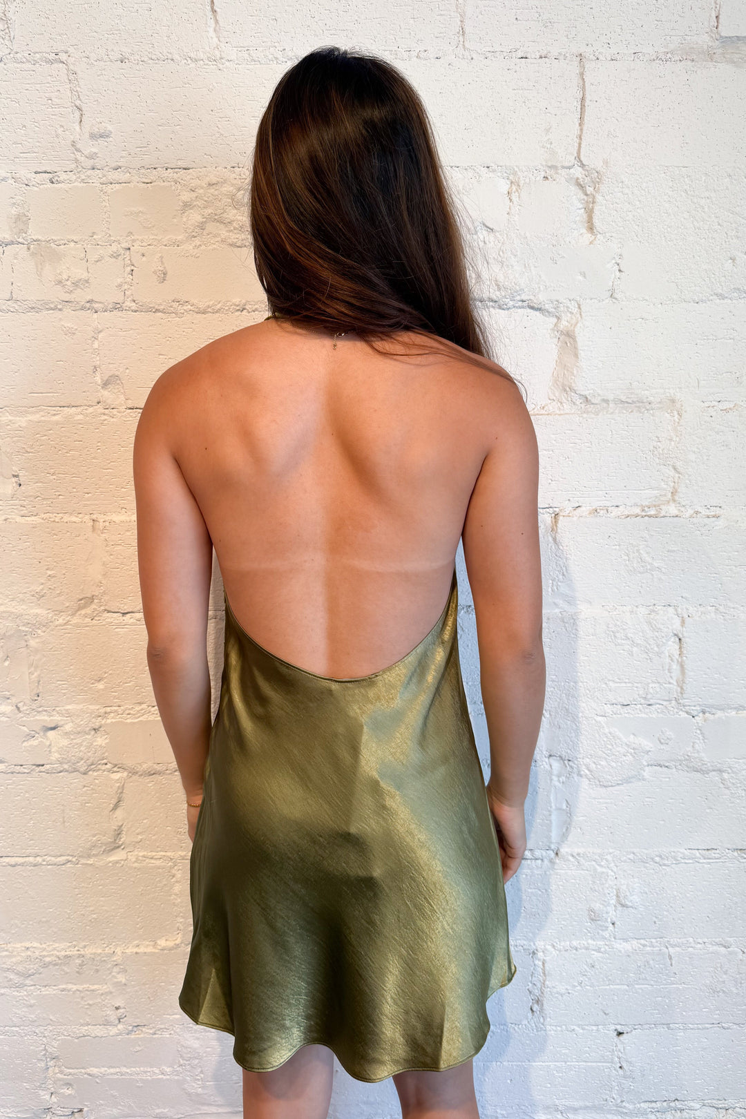The Daydream Satin Dress Olive Back, adeline boutique, dallas boutique, boutique
