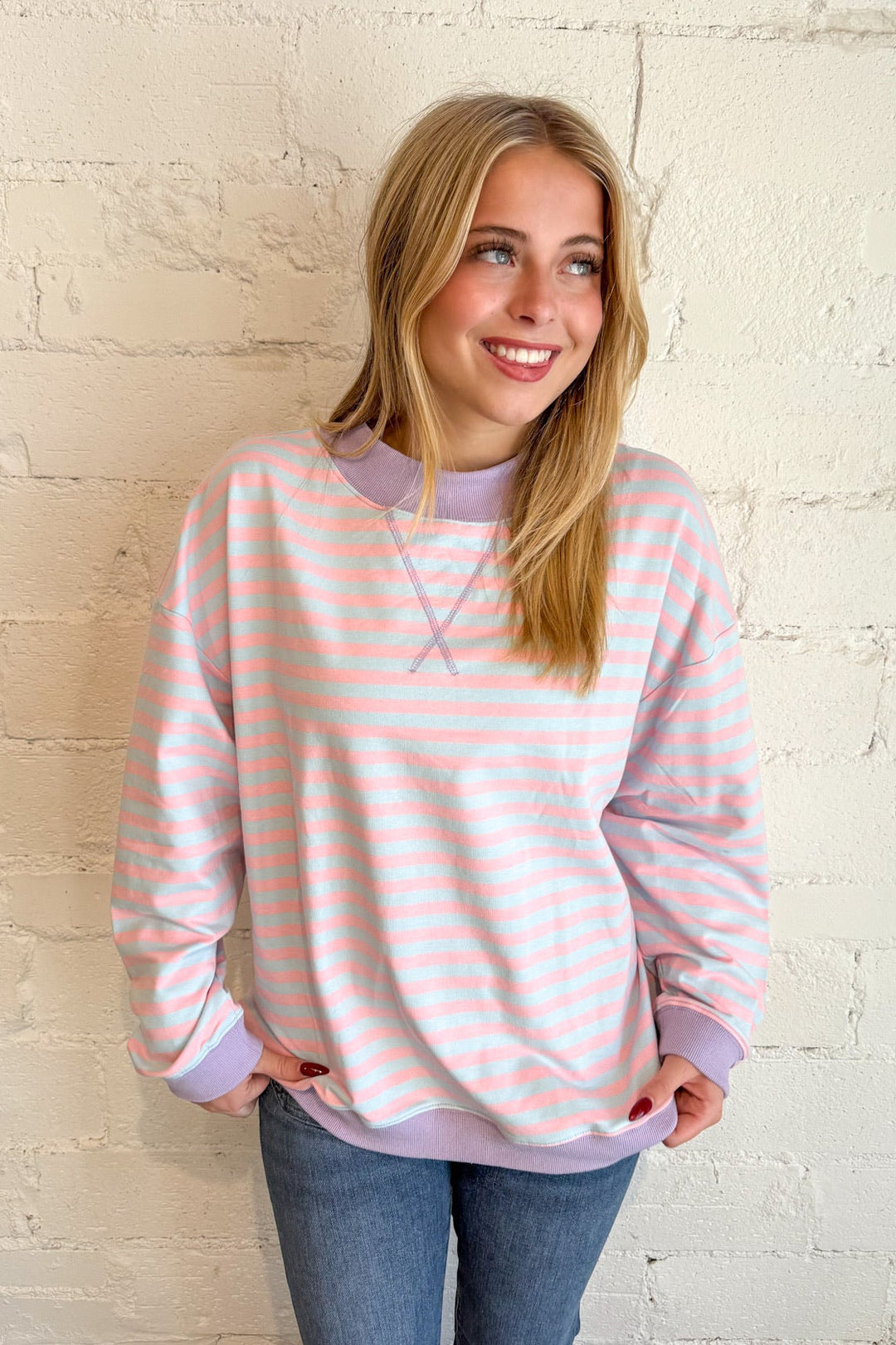 The Everyday Luxe Stripe Sweatshirt, Pullover Shirt, Crewneck Sweatshirt, Sweatshirt, Striped Shirt, Adeline Boutique, Dallas Boutique, Tops