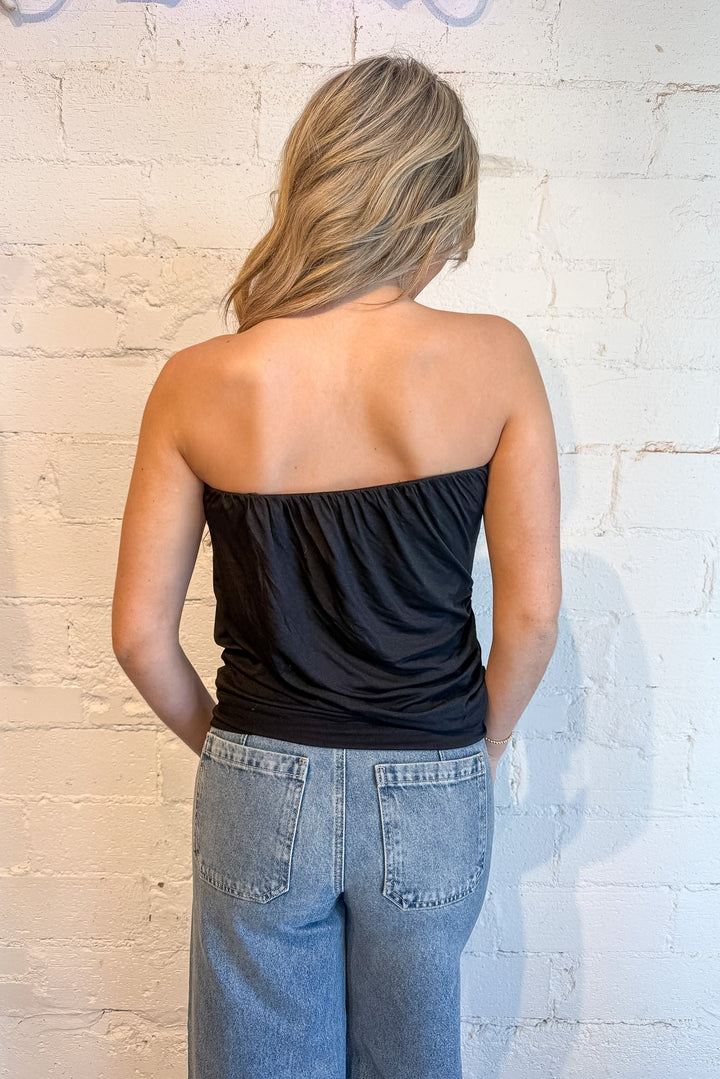 going out top, black top, strapless top, black party top