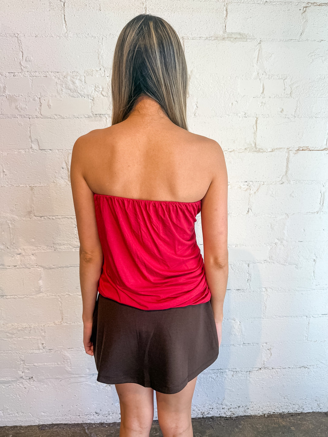 Red going out top, date night top, strapless top