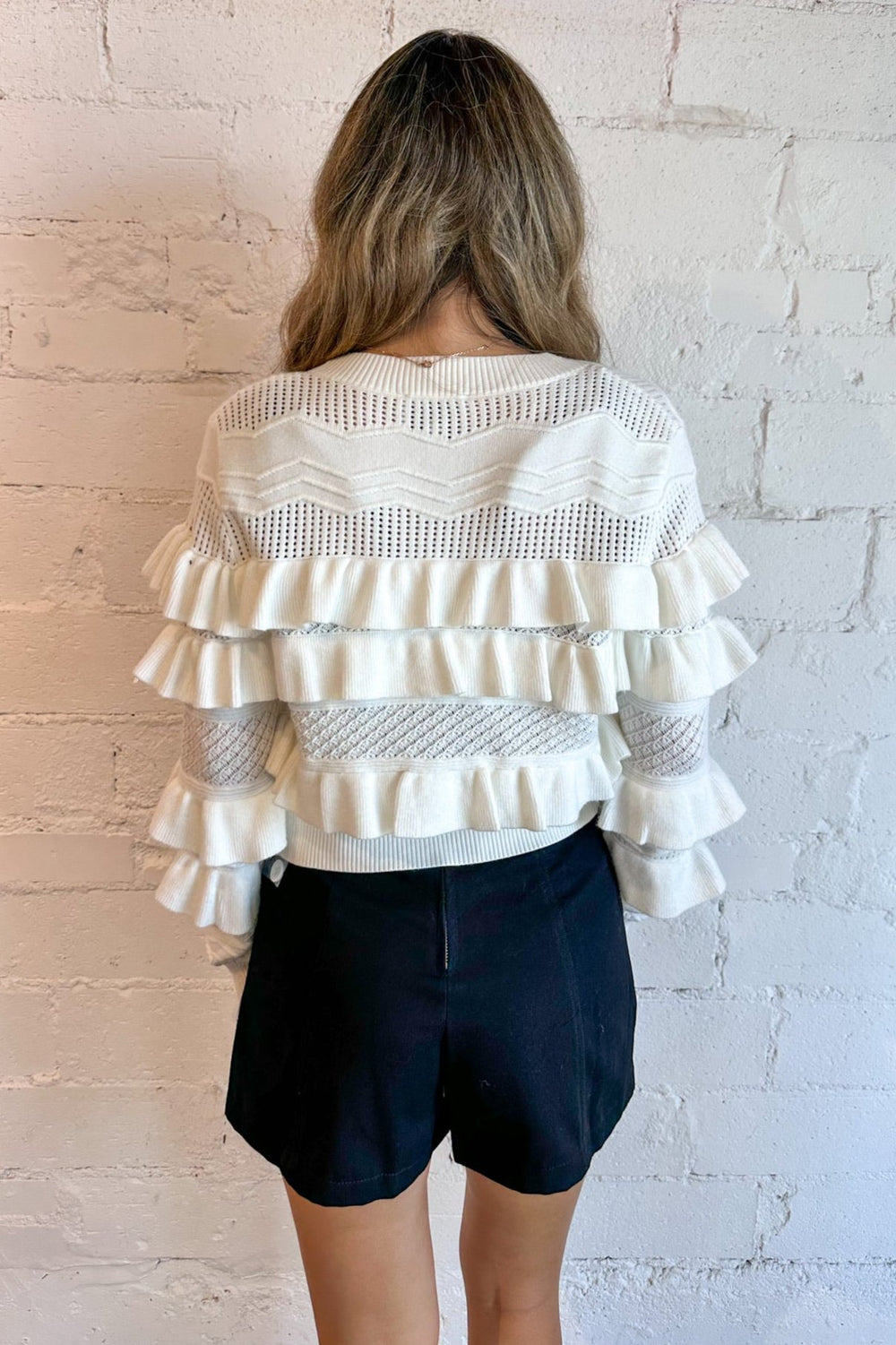  tier ruffle cardigan, white cardigan, women's cardigan, casual fashion, feminine style, layered look, outfit ideas