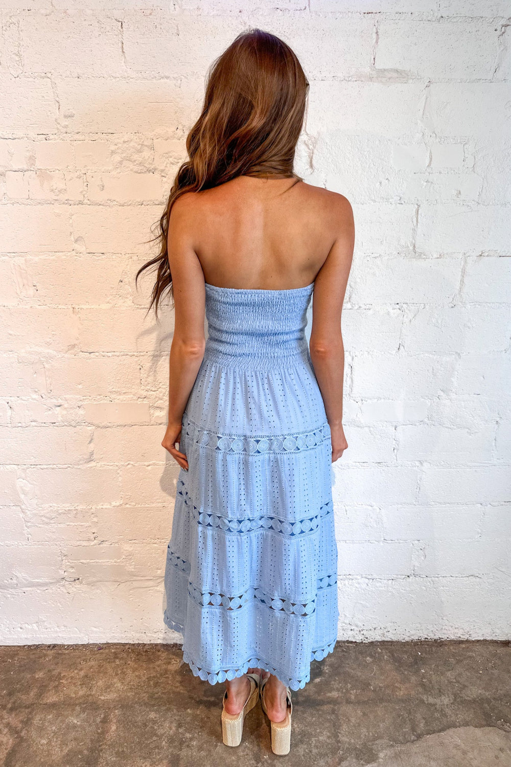 Tube Smocking Lace Boarder Midi Dress, Strapless Dress, Wedding Guest Dress, Vacation Styles, Maxi Dress, Adeline Boutique, Dallas Boutique, Boutique Dresses