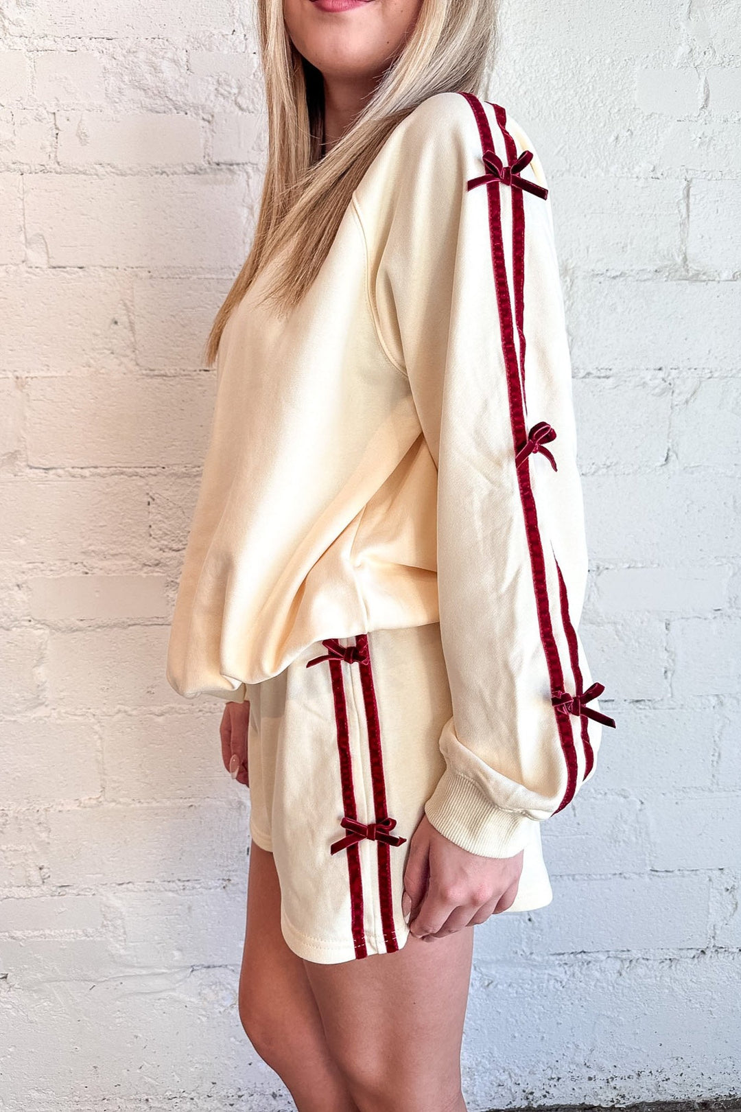 Velvet Side Striped Striped With Bow Detail, Loungewear, Matching Set, Sweatshorts, Adeline Boutique