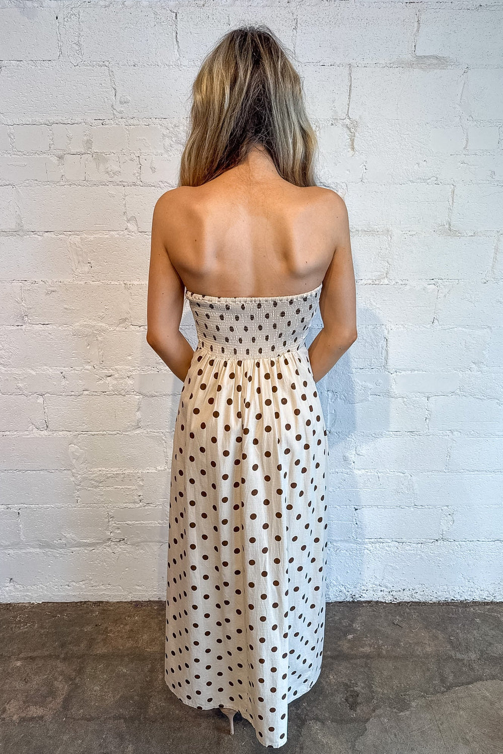 Vivian Polka Dot Maxi Dress, Maxi Dress, Polka Dot Dress, Spring and Summer Dresses, Adeline Boutique, Dallas Boutique, Tan Maxi Dress, Easter Dress, Wedding Guest Dress